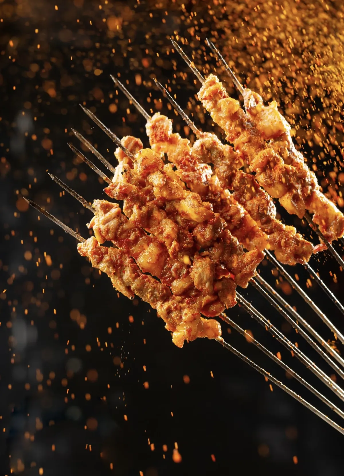 Grilled meat skewers with flying spices