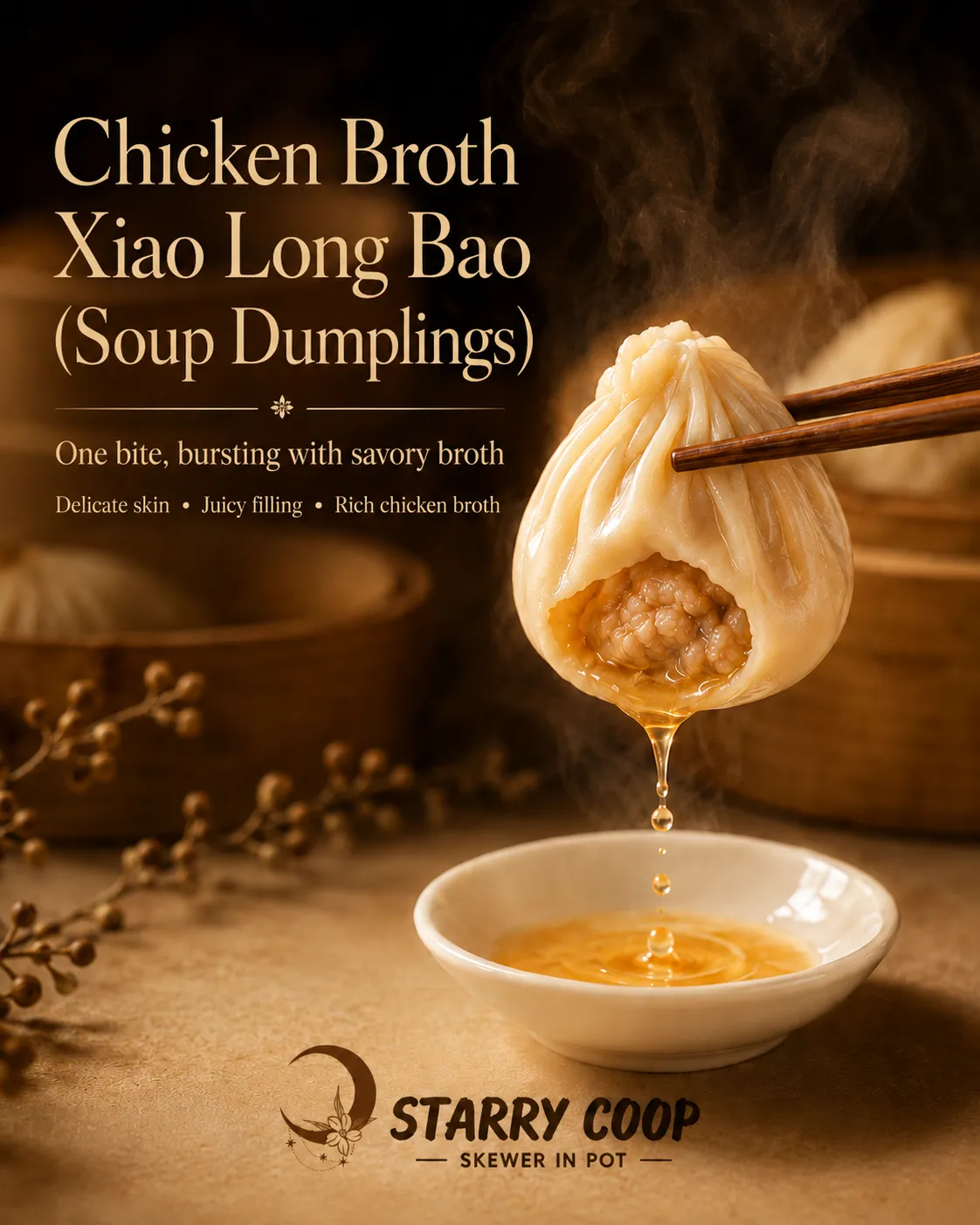 Chicken broth xiao long bao with broth dripping